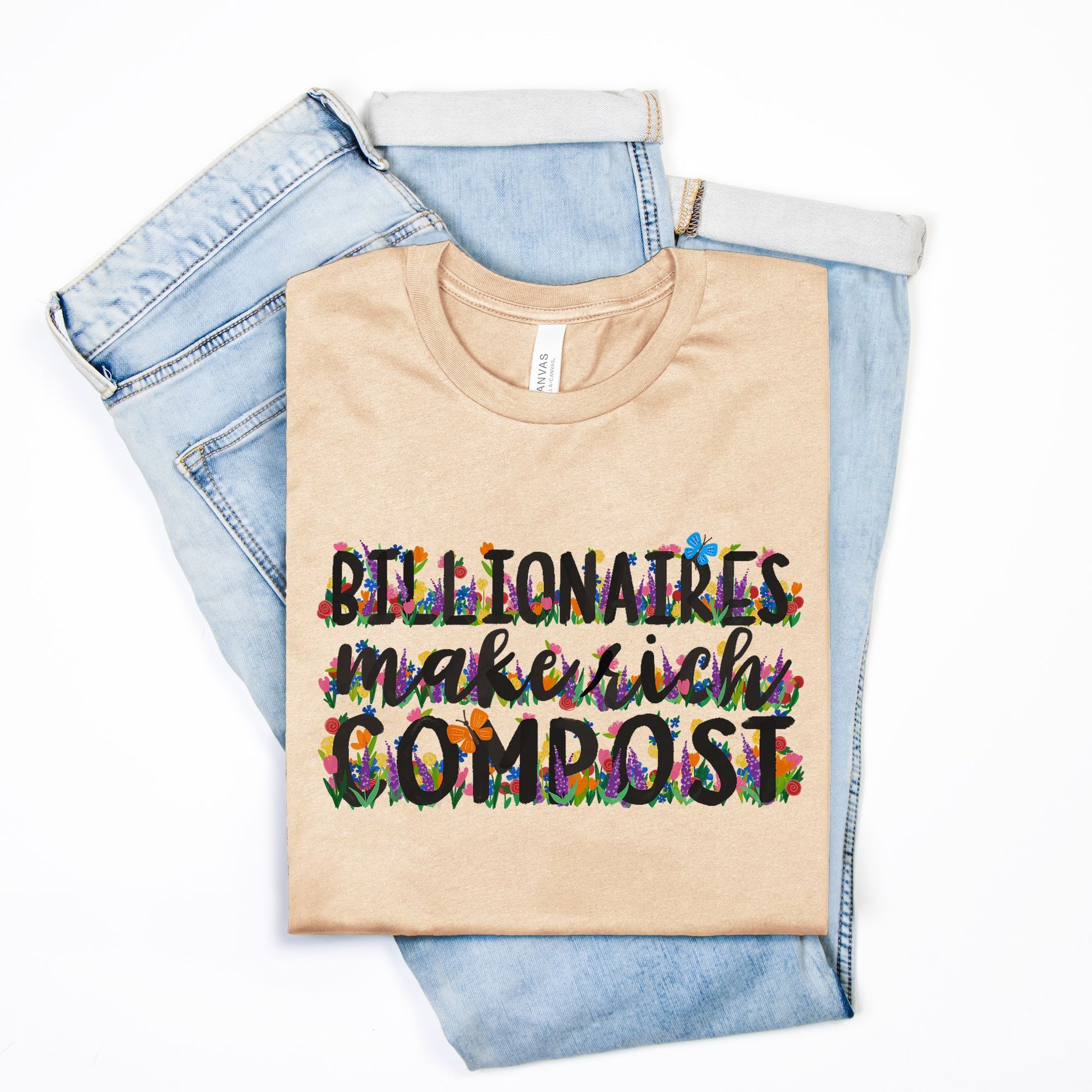 Yellow t-shirt with colorful text design on a white background