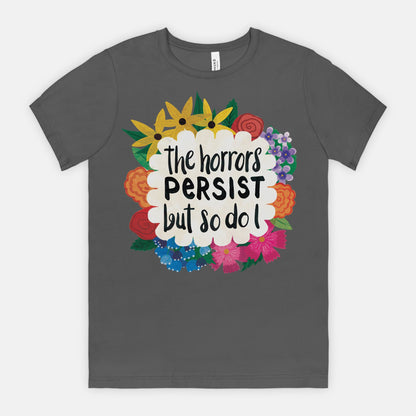 Gray t-shirt with colorful floral design and text on a white background