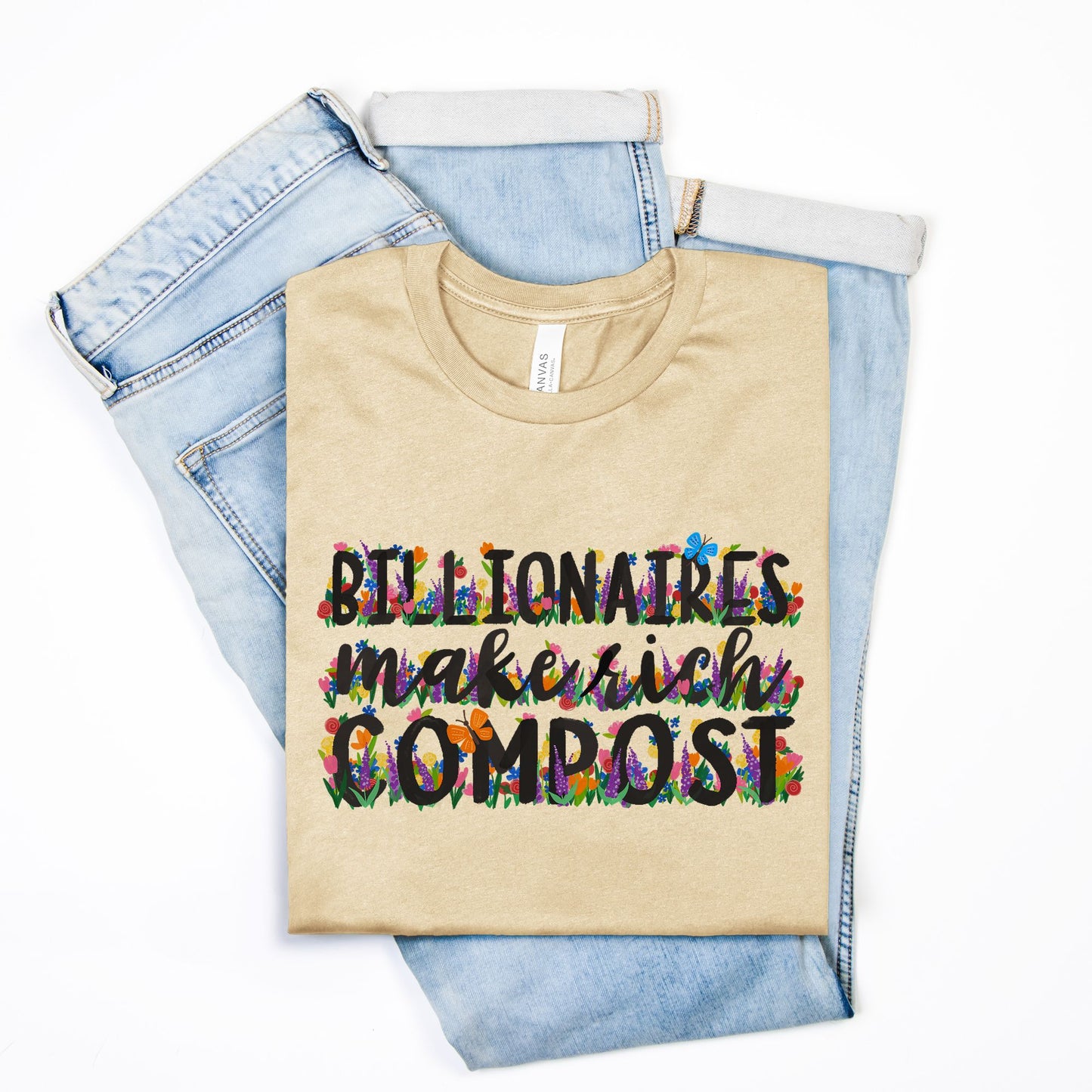 Yellow t-shirt with colorful text design on a white background