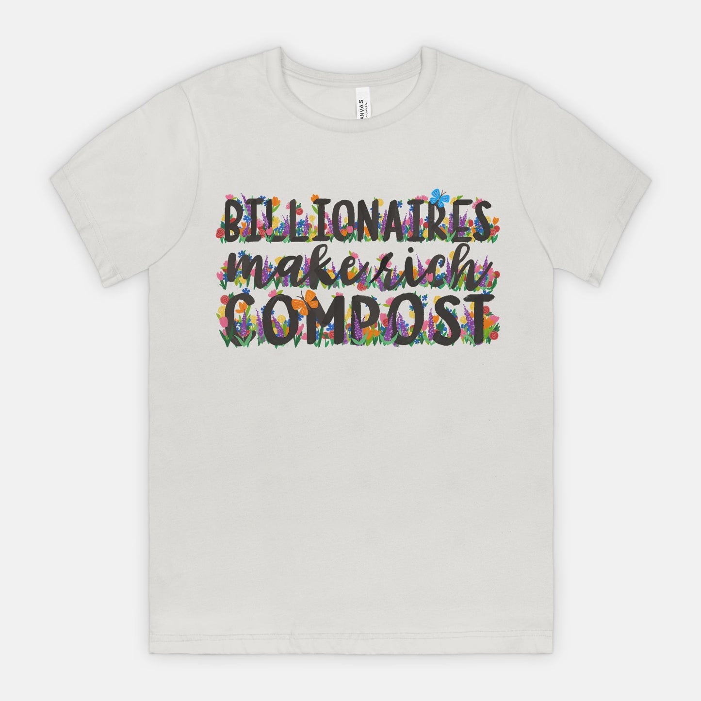 Silver t-shirt with colorful text design on a white background