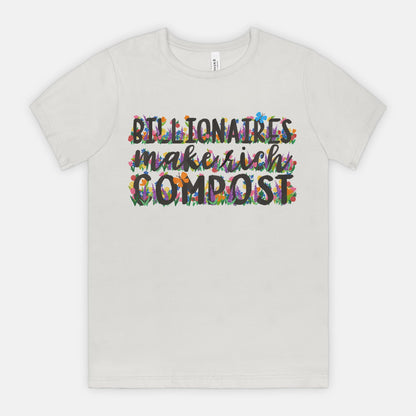 Silver t-shirt with colorful text design on a white background