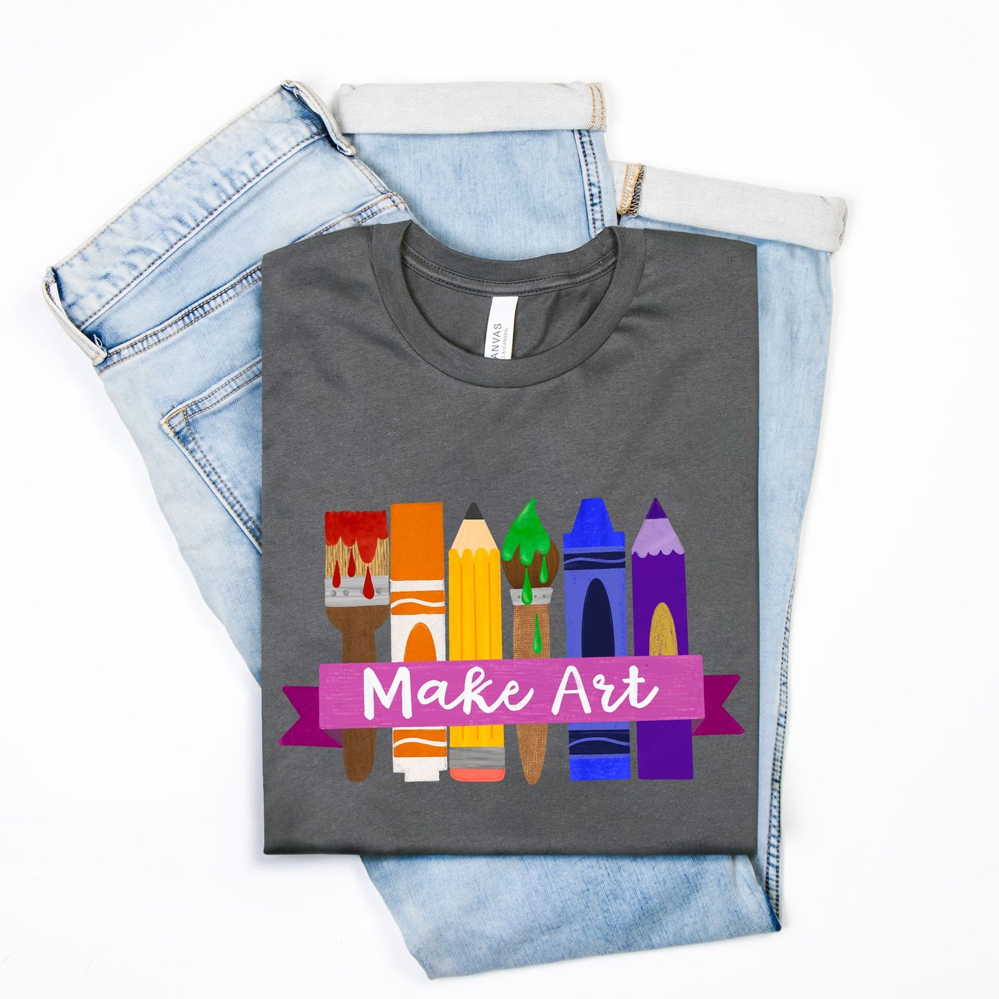 Make Art T-Shirt – Rainbow Art Supplies Graphic Tee – Artist Gift Shirt for Teachers, Students & Crafters – Bella Canvas Unisex