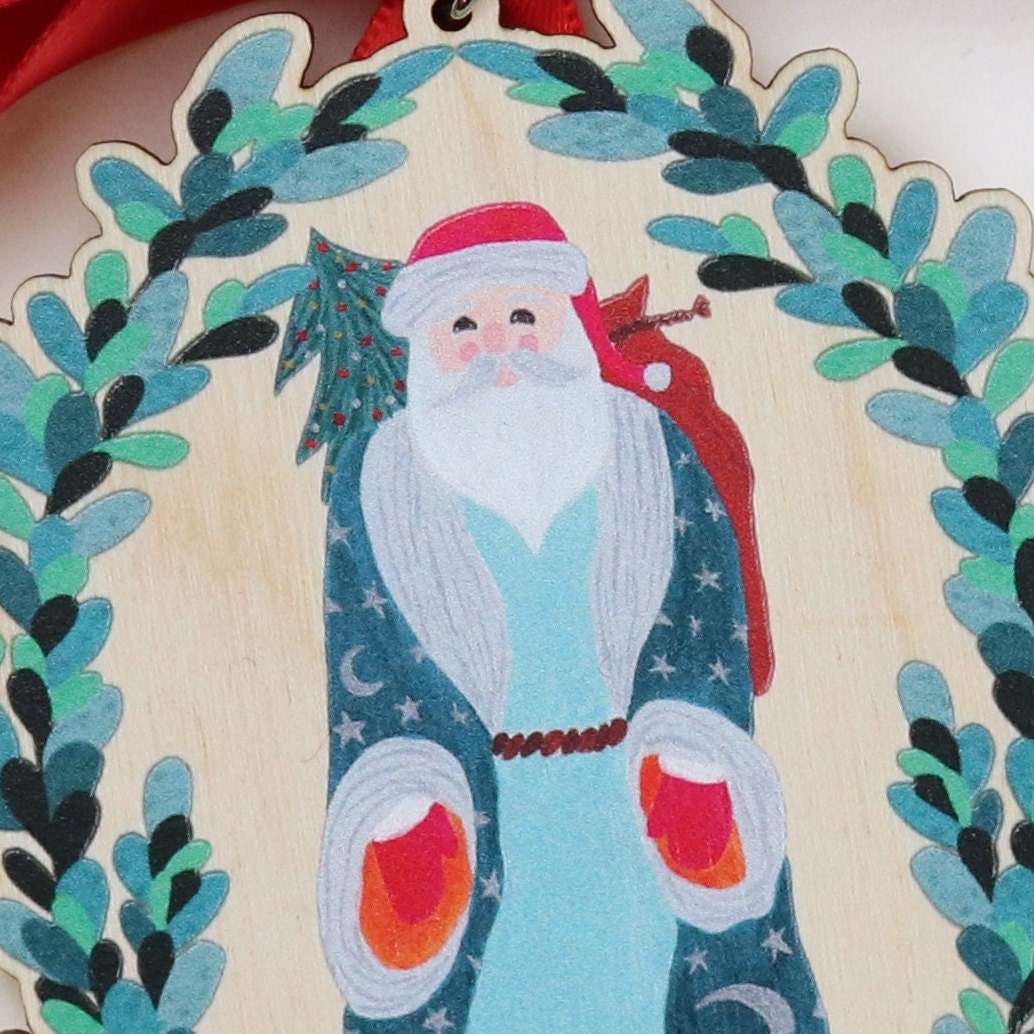 Vintage-Themed Moon and Stars Santa Wooden Ornament