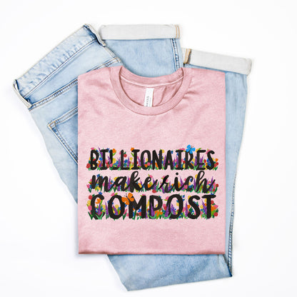 Pink t-shirt with colorful text and jeans on a white background
