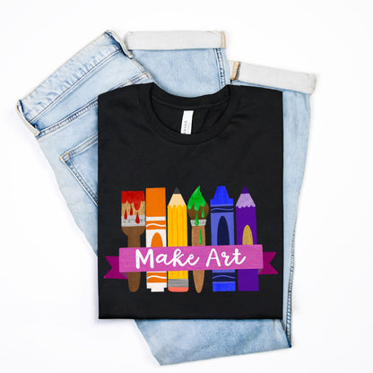 Make Art T-Shirt – Rainbow Art Supplies Graphic Tee – Artist Gift Shirt for Teachers, Students & Crafters – Bella Canvas Unisex