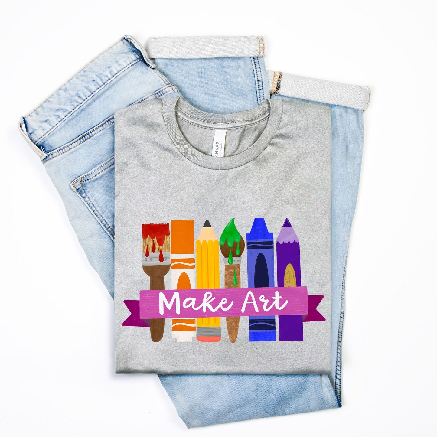 Make Art T-Shirt – Rainbow Art Supplies Graphic Tee – Artist Gift Shirt for Teachers, Students & Crafters – Bella Canvas Unisex