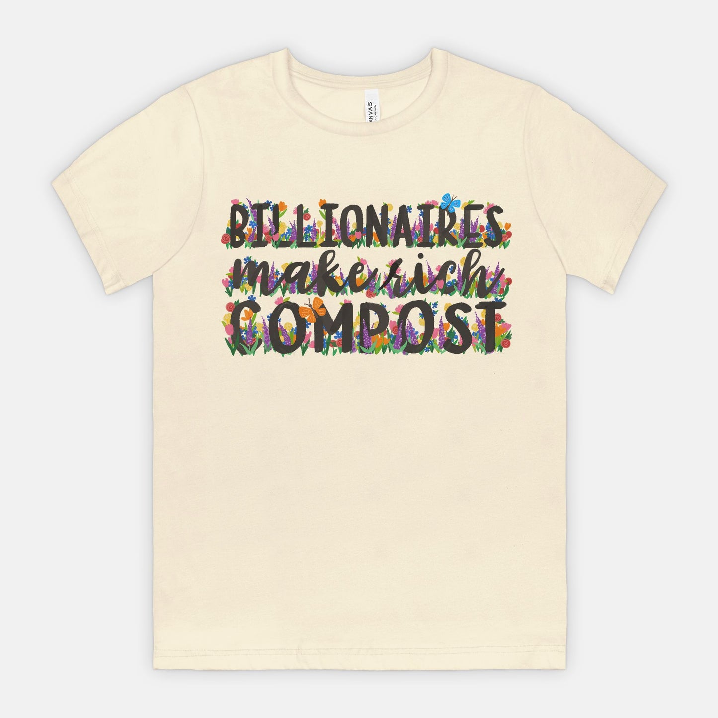 Light yellow t-shirt with colorful text design on a white background