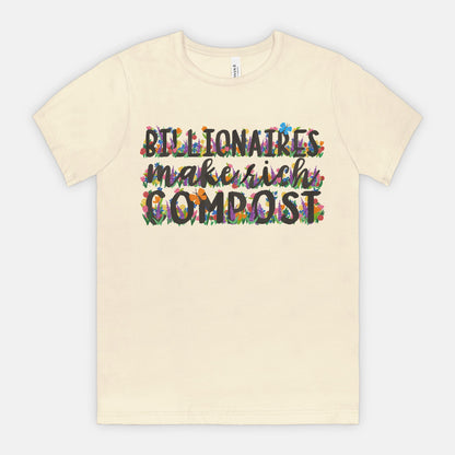 Cream t-shirt with colorful text design on a white background