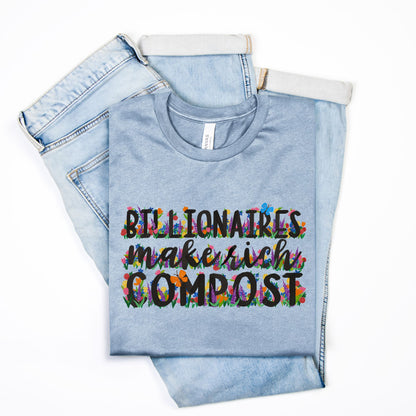 Light blue t-shirt with colorful text design on a white background