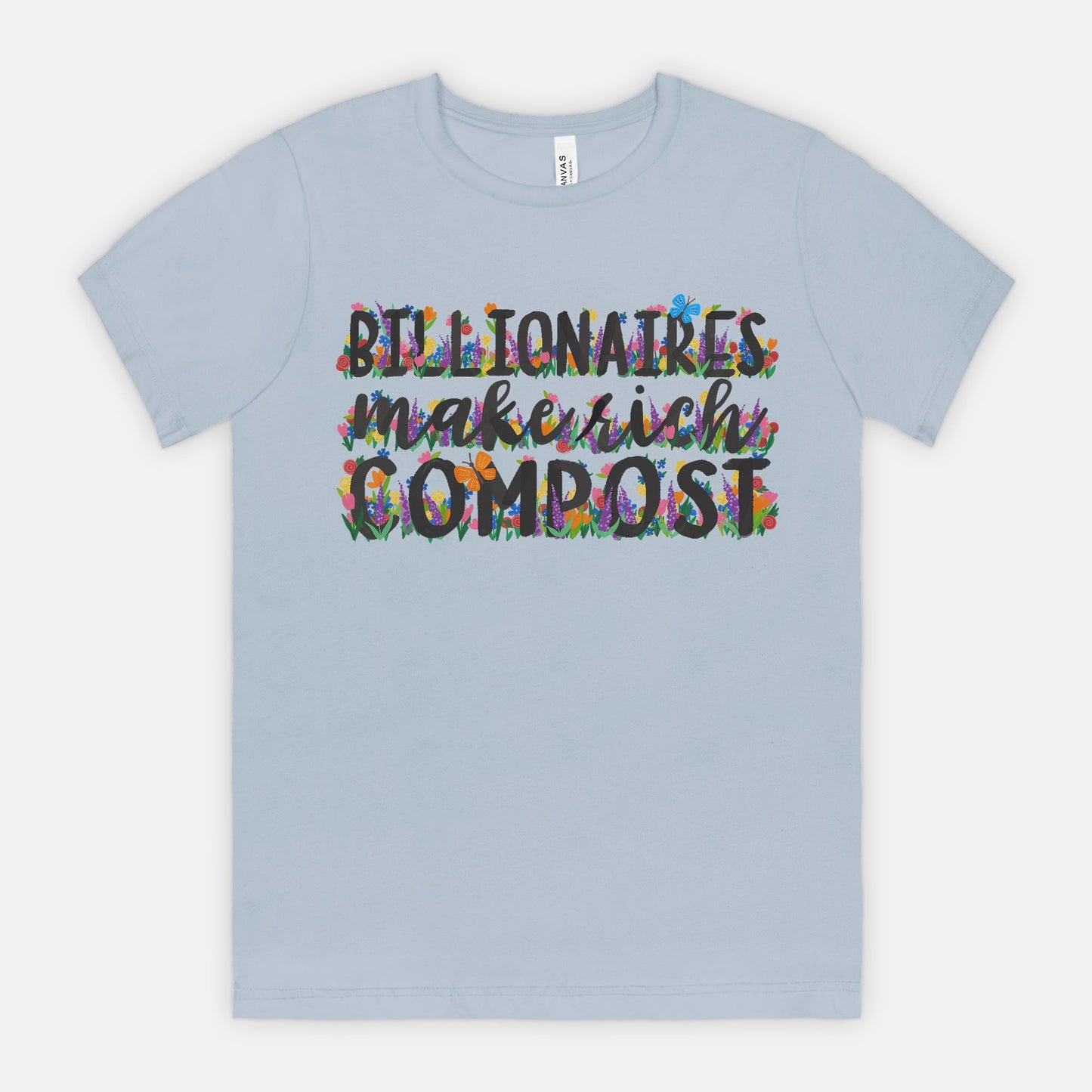 Light blue t-shirt with colorful text design on a white background