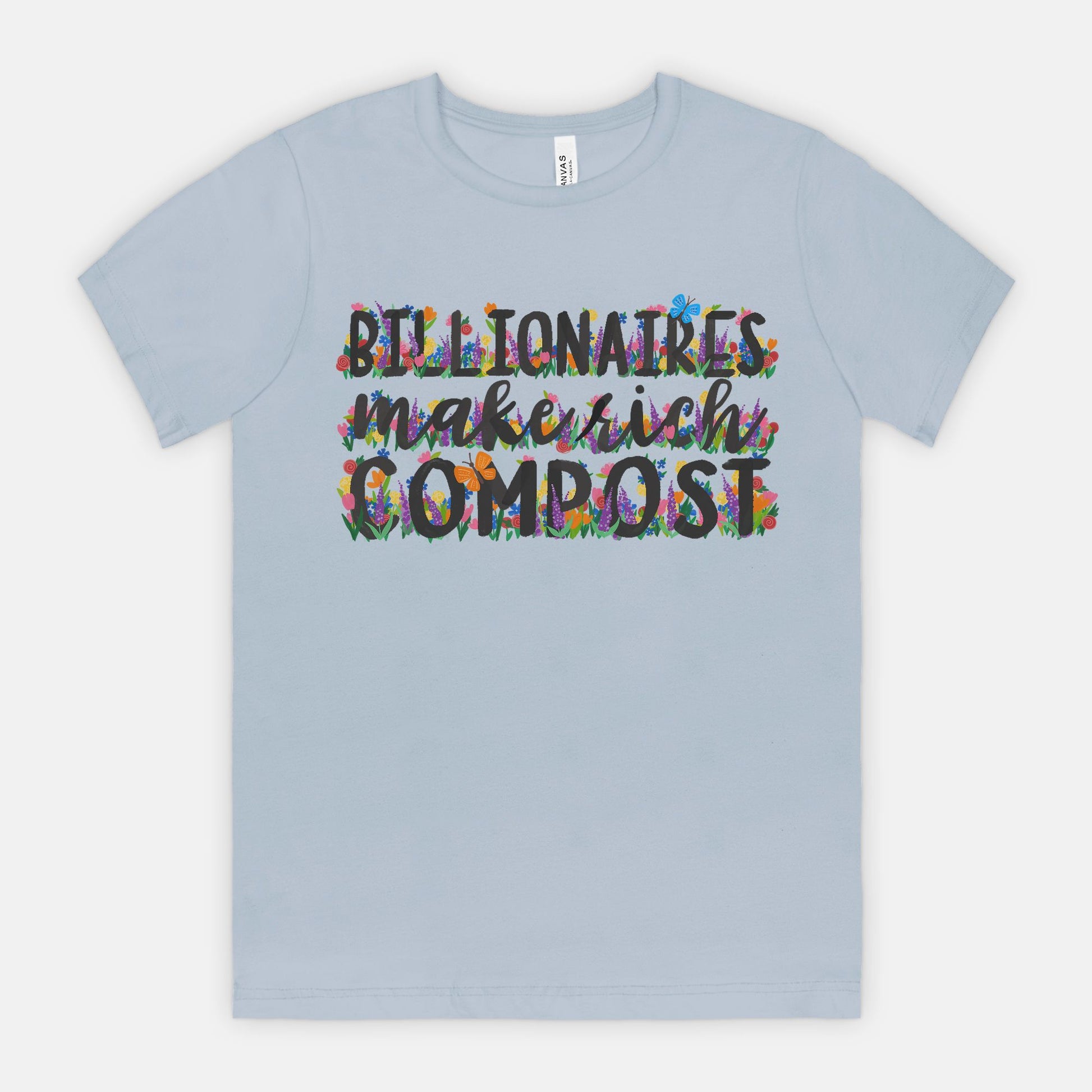 Light blue t-shirt with colorful text design on a white background