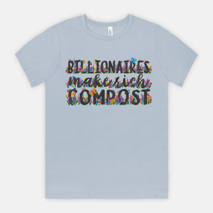 Light blue t-shirt with colorful text design on a white background