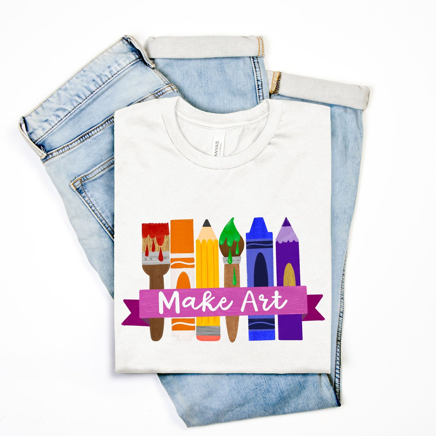 Make Art T-Shirt – Rainbow Art Supplies Graphic Tee – Artist Gift Shirt for Teachers, Students & Crafters – Bella Canvas Unisex