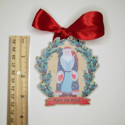 Vintage-Themed Moon and Stars Santa Wooden Ornament