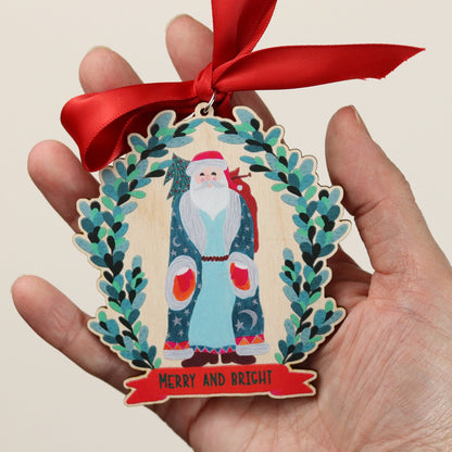 Vintage-Themed Moon and Stars Santa Wooden Ornament