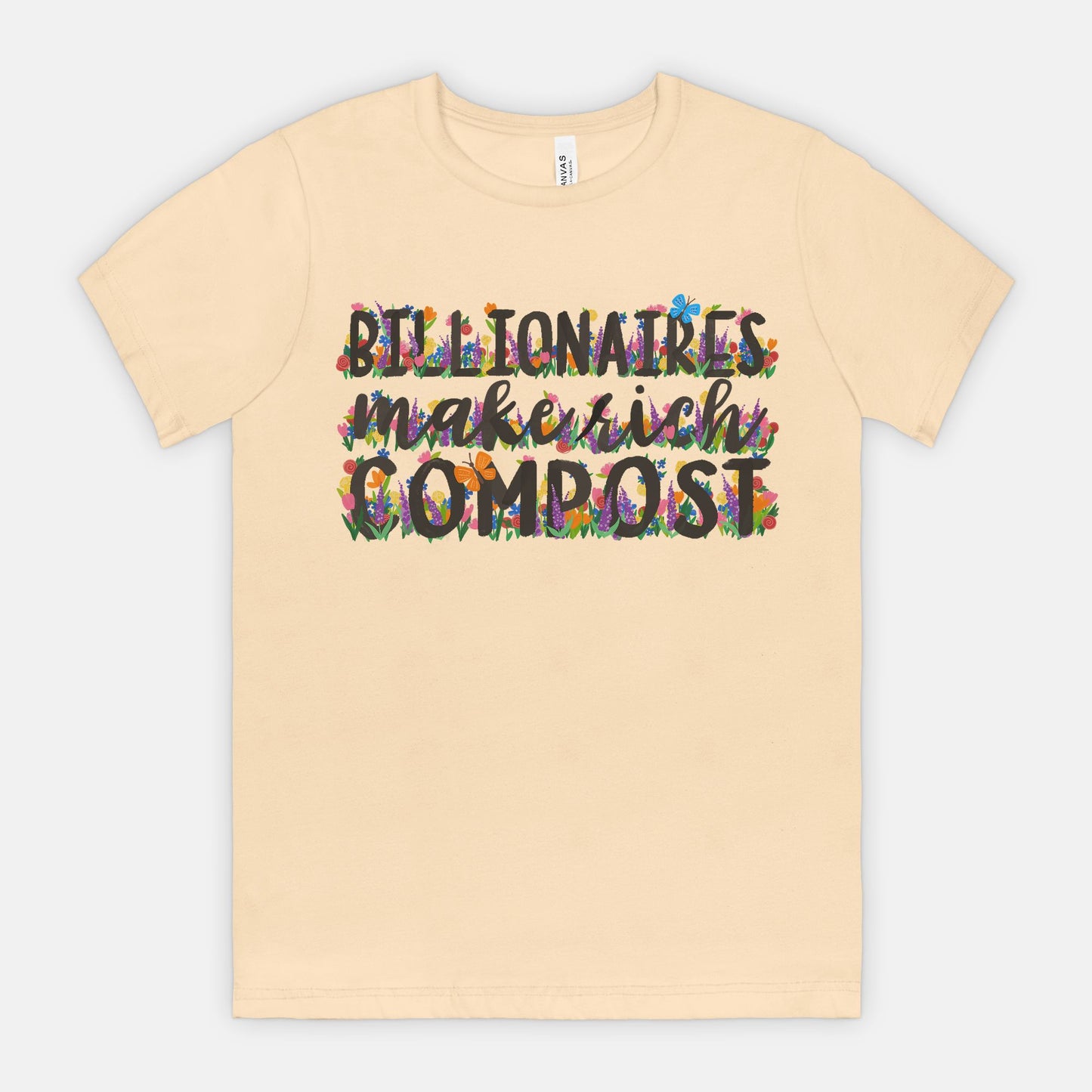 Yellow t-shirt with colorful text design on a light gray background