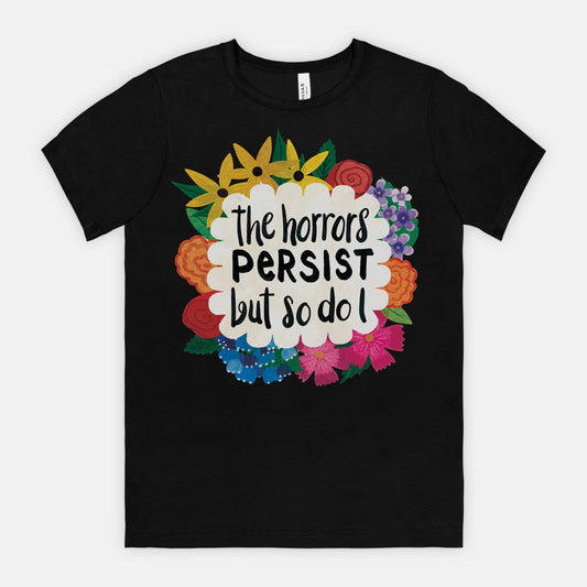 Black t-shirt with colorful floral design and text on a white background