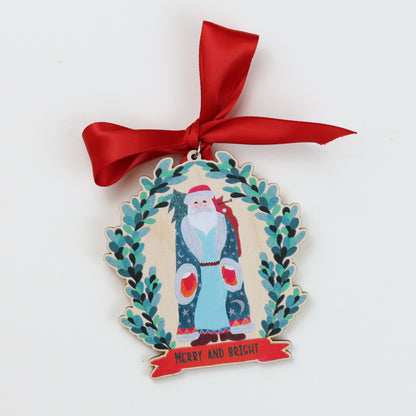 Vintage-Themed Moon and Stars Santa Wooden Ornament
